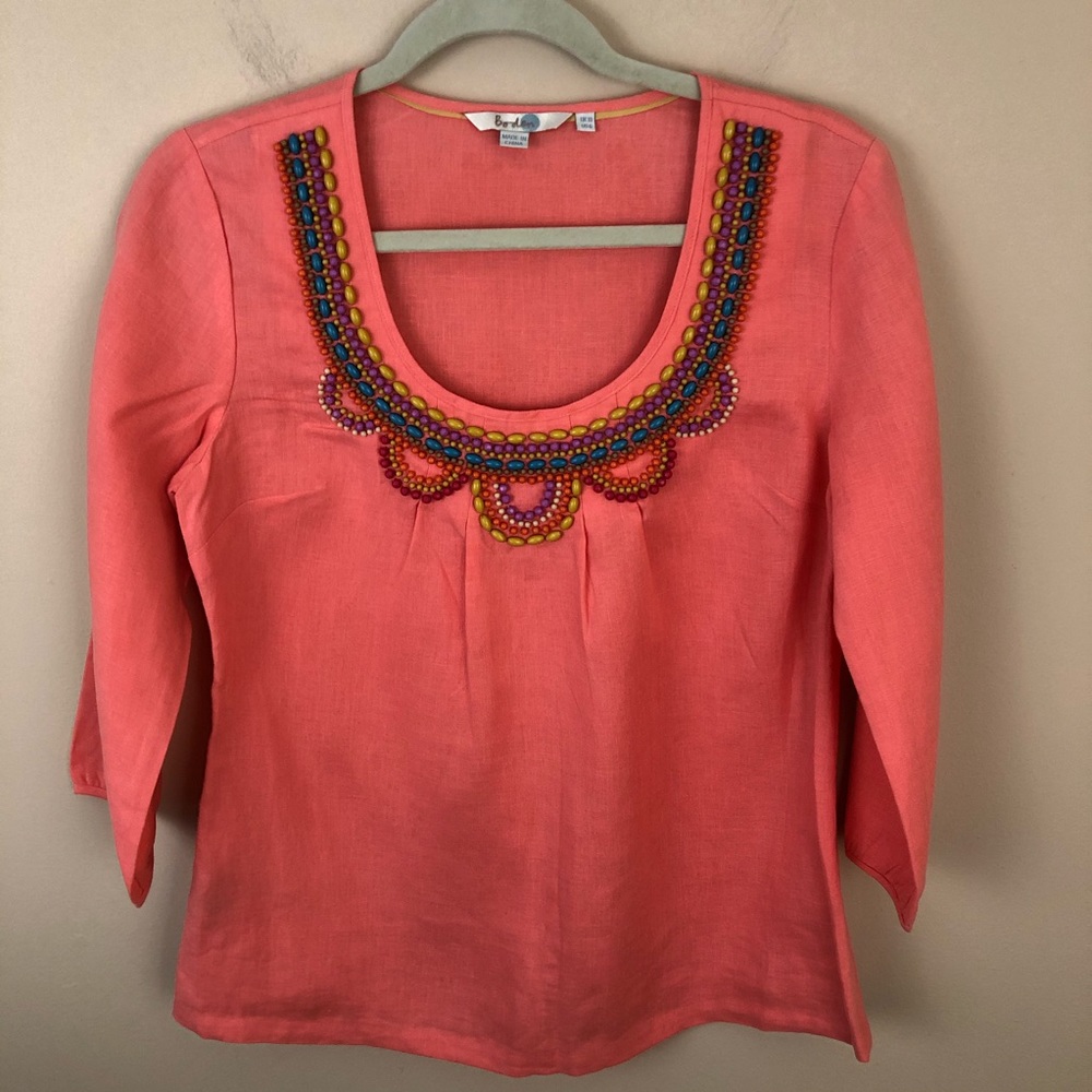 Boden Top Womens 6 Peach Coral  100% Linen 3/4 Sleeves Embellished Neckline